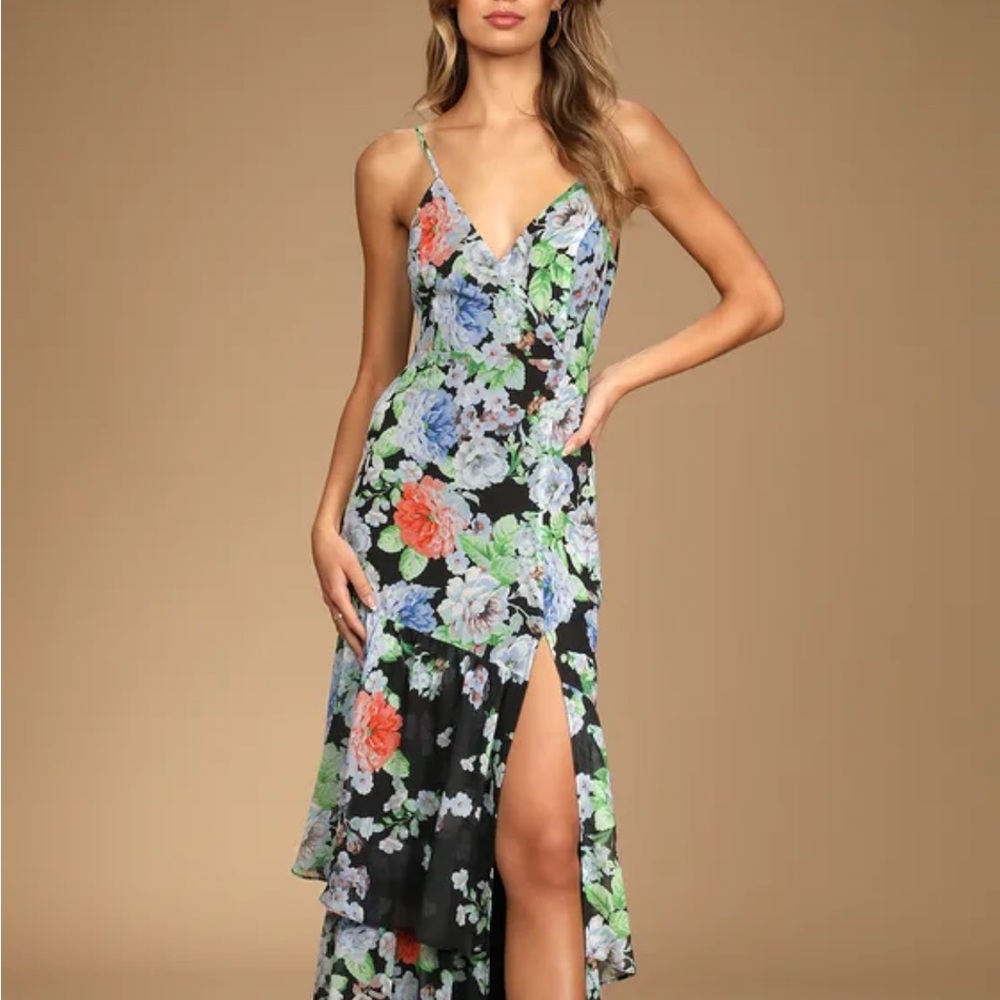 Lulus Effortless Energy Black Floral Print Asymmetrical Maxi Dress